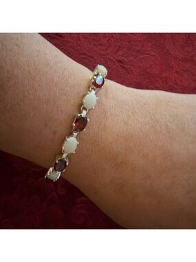 Vintage 925 Sterling Silver White Opal Red Garnet Tennis Link Bracelet Box Clasp